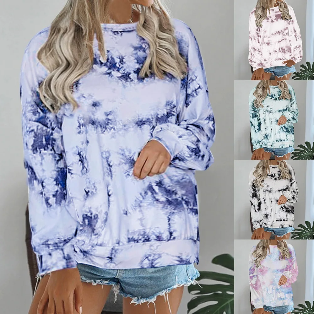 

Tie Dye Womens Pullovers Sweatshirt Printed Long Sleeve Round Collar Sweat shirts Spring Multicolor Casual Loose Female Tops