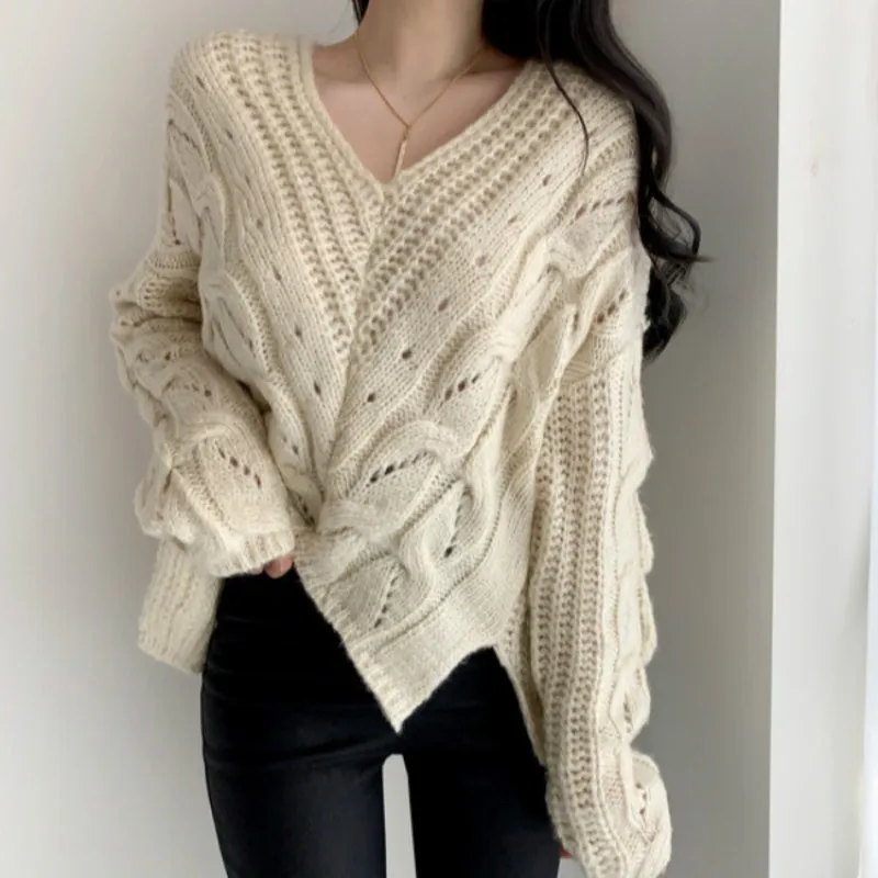 Autumn and winter Vintage lazy big V-neck Pullover loose hemp pattern hollow sweater Autumn and winter Vintage lazy big V-neck Pullover loose hemp pattern hollow sweater