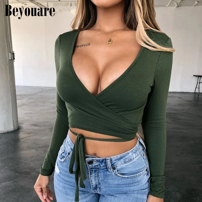 

Beyouare sexy v-neck bare chest long sleeve tight bow bandage crop top women tshirt autumn 2020 casual streetwear party club top