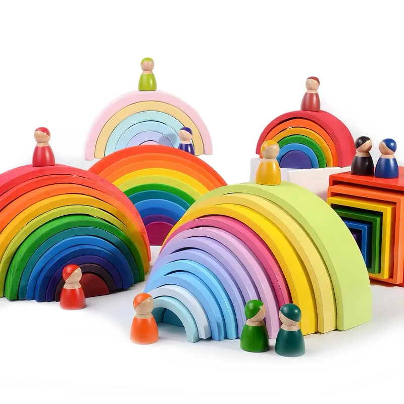 

Montessori Educational Large Size 12 PCs Children Wooden Building Blocks Young Arch Bridge Early Education Jenga Rainbow Water-B