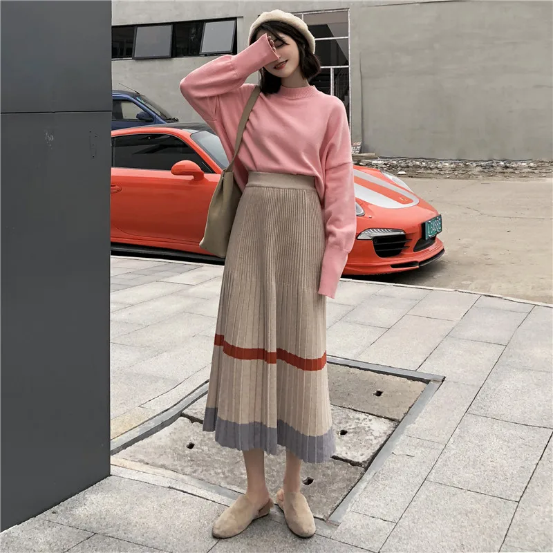 New Autumn Winter Warm Pleated Skirts Womens High Waist Contrast Color Knitted Midi Skirt Korean Style Ladies A Line Skirt Falda