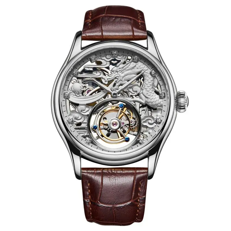 

GUANQIN Switzerland Real Tourbillon Zodiac Dragon skeleton mechanical watch male men's hollow leather belt silver