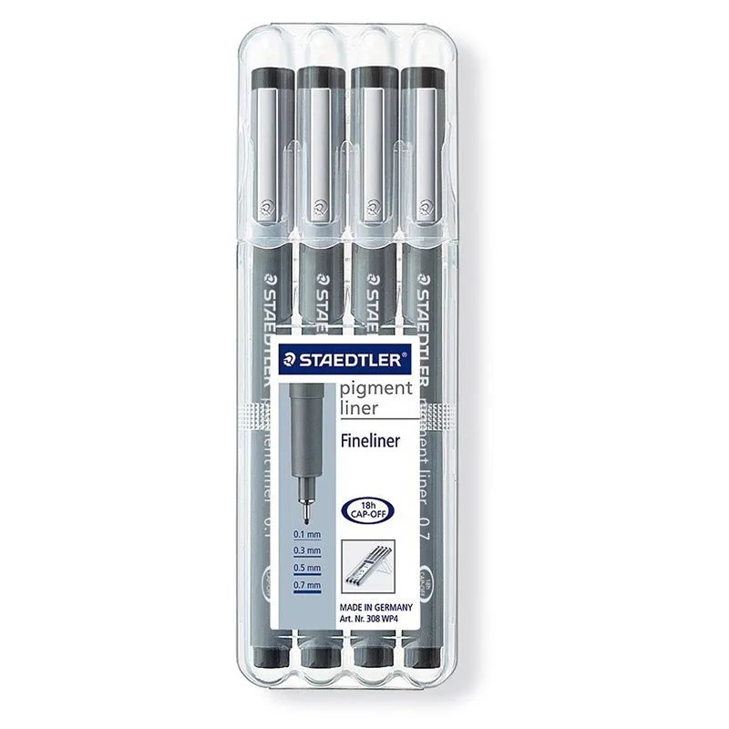 독일 Staedtler 308 WP 4 펜 세트 안료 라이너 Fineliner 0.1mm, 0.3mm, 0.5mm, 0.7mm 드로잉 펜