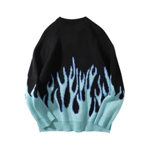 Flame Sweater Men Streetwear Retro Pattern Hip Hop Autumn New Pull Over Spandex O-neck Oversize Couple Casual Men's Sweaters