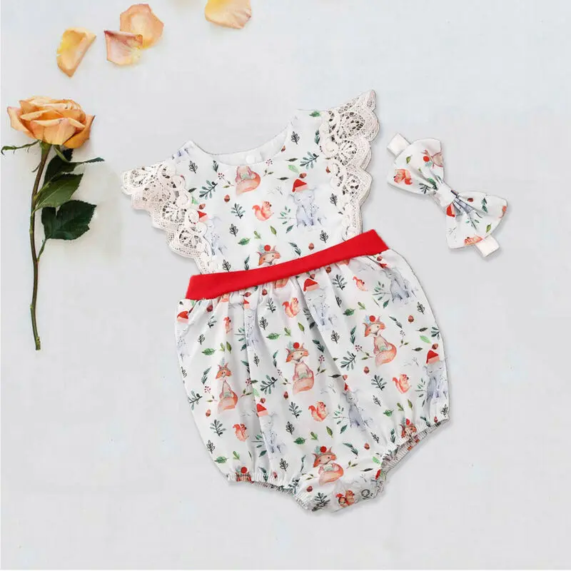 Emmababy; Рождественский комплект для маленьких девочек; комбинезон; Ползунки с дизайном «животные»+ повязка на голову с бантом
