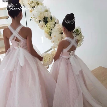 

Gardenwed Lovely Pink Tulle Lace Scoop Flower Girl Dresses Criss-cross Ribbons Wedding Party Dress Bow Sashes Celebrity Dresses
