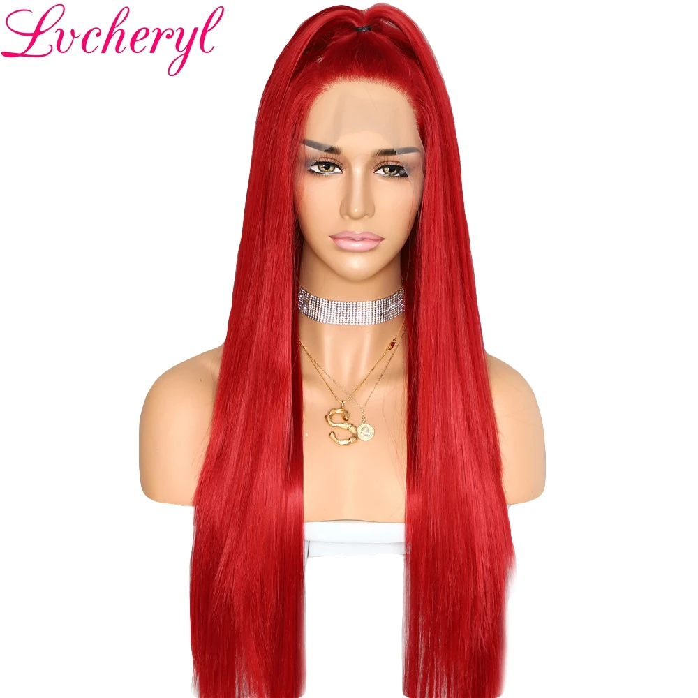 

Lvcheryl Long Red Silky Straight Synthetic Lace Front Wigs Heat Resistant Hand Tied Lace Front Wigs Party Cospaly Makeup Wigs