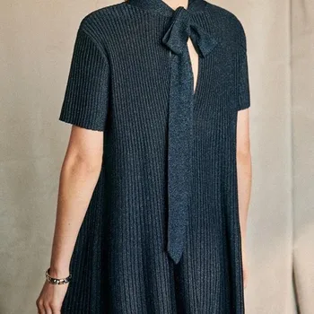 

2020 Spring New Deep V Neck Bowknot Dress Women Short Sleeve Reversible Clothes