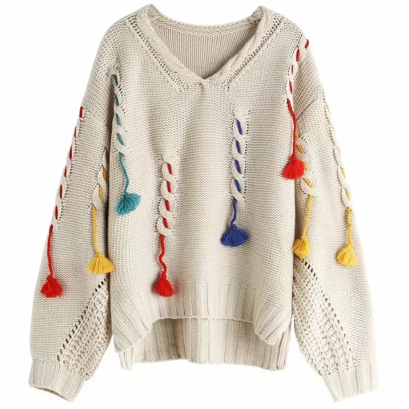 Женский трикотажный пуловер с бахромой и V-образным вырезом | Женская одежда