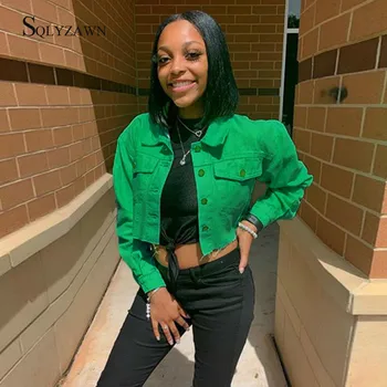 

Streetwear Denim Cropped Jacket Female Fall Gothic Ripped Cowboy Bomber Coat Harajuku Vintage Green Black Long Sleeve Clothes