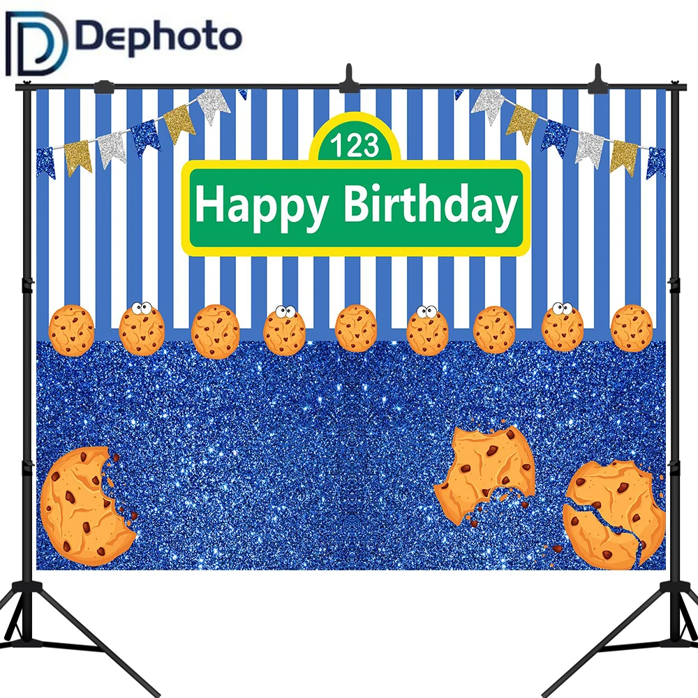 Dephoto печенье синий белый полосы фон Дети 1st День Рождения Декор торт стол Баннер