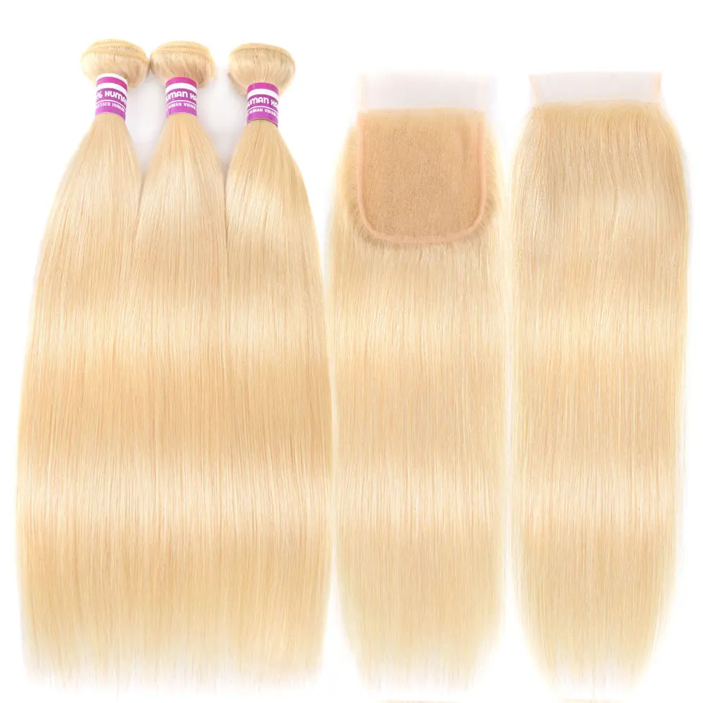 

3+1 613 Blonde Bundles With Closure Brazilian Straight Hair Bundles With Closure 10 To 24 Inch Remy Human Hair Weave Extenstions