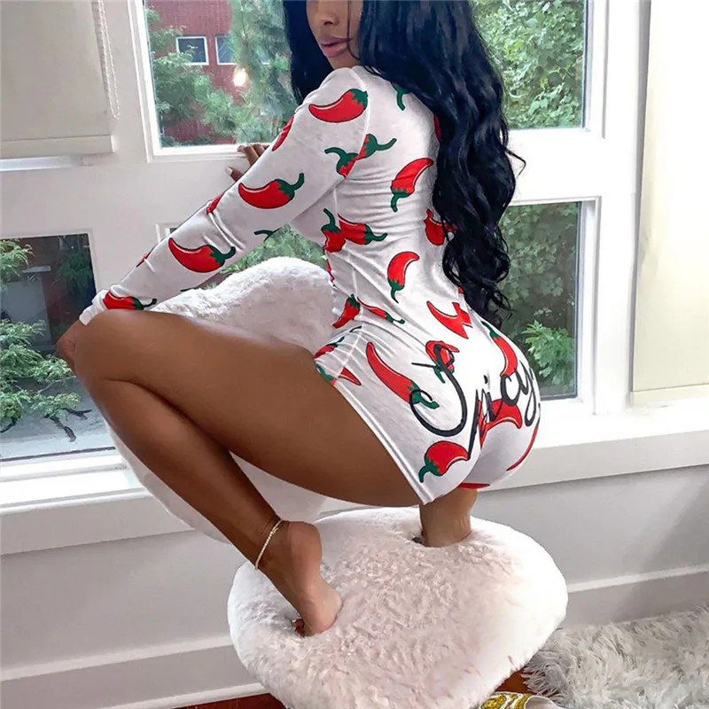 

Novel Style Chili Printed Short Jumpsuits Long Sleeve Casual V-neck Bodycon Romper Slim Stretch Sexy Autumn Christmas Playsuits