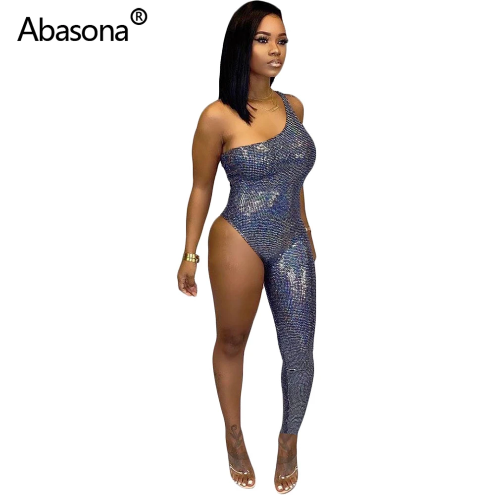 Abasona, женские летние комбинезоны,, на одно плечо, без рукавов, сексуальные, облегающие, с блестками, комбинезоны, женские, s Junmsuit, комбинезоны, вечерние, одежда для ночного клуба