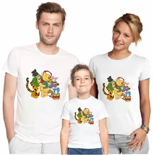 

Disney Christmas Family Cute T-Shirt Winnie The Pooh Cotton Tshirt O-Neck Funny White Base Loose Children Clothes Streetwear