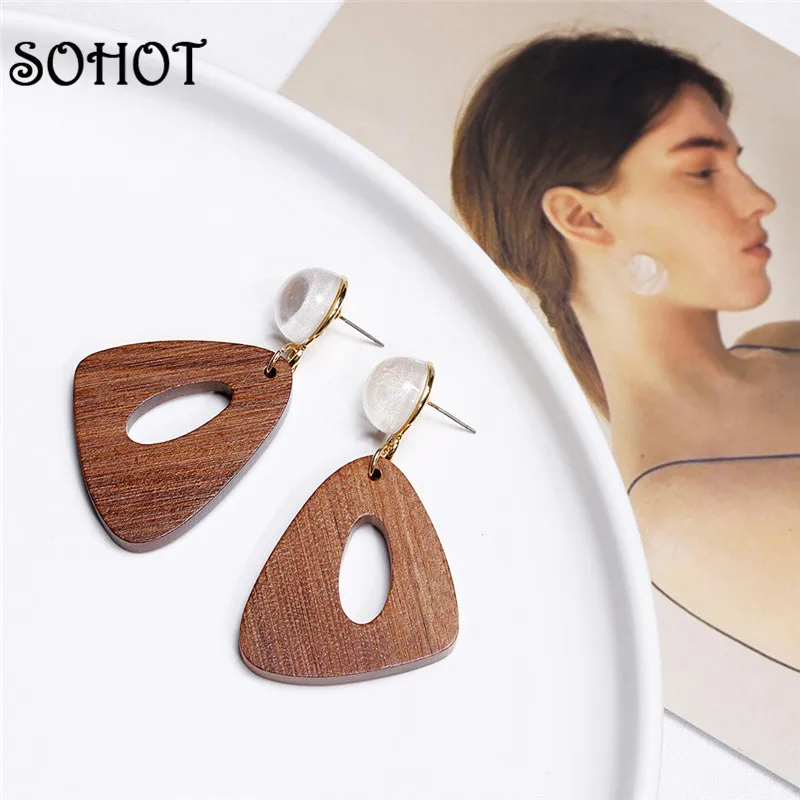 Женские серьги-подвески SOHOT модные висячие серьги из натурального дерева
