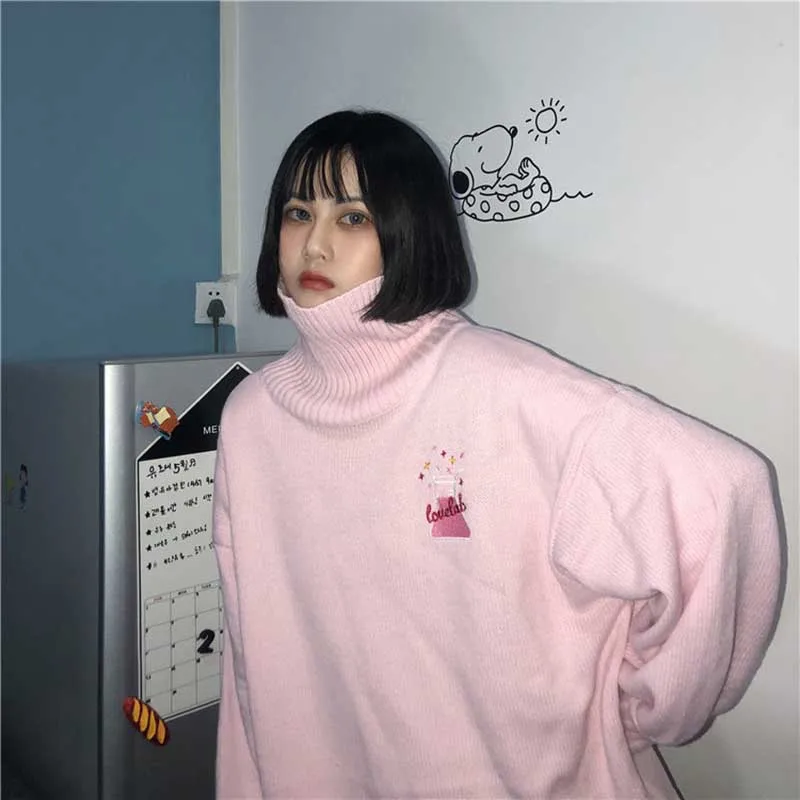 NiceMix каваи мультфильм вышивка розовый водолазка Лолита зима осень свободный свитер корейский негабаритных пуловер Harajuku вязаный Топ