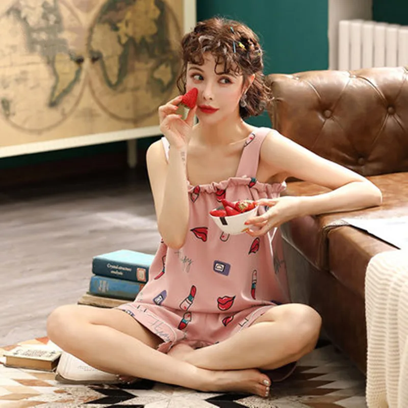 

New style Pajama women's summer pure cotton thin cute suspender shorts student homewear sexy pajama set with chest cushion