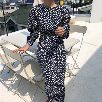 

French style Spring autumn Women Casual Polka Dot Print A-Line Party Dresses Eleagnt Slim Dress Fashion
