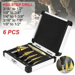 Brocas escalonadas recubiertas de titanio HSS, juego de brocas centrales, cortador de agujeros, Kit de herramientas de perforación, juego de herramientas para taladro Pr, 6 uds.