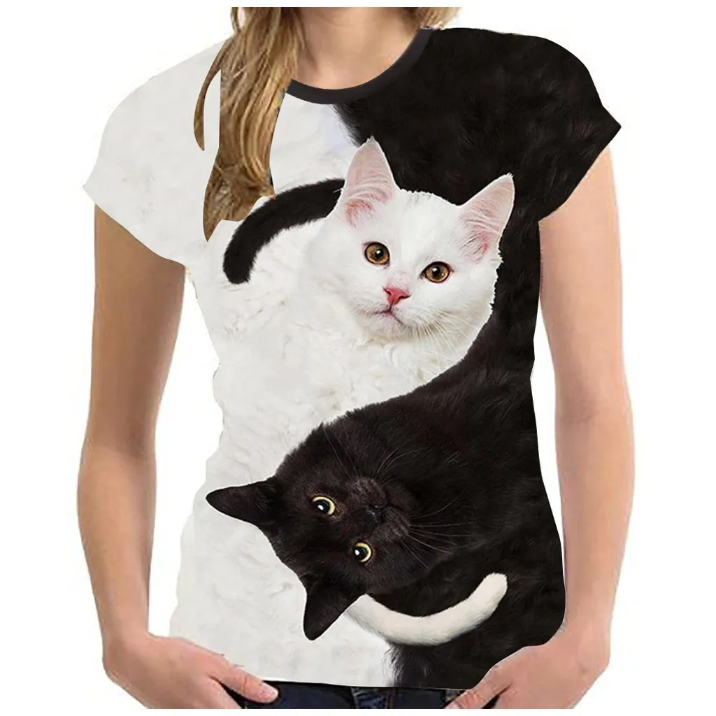 Camiseta con estampado de gato en 3d para mujer, blusa Vintage de verano de manga corta con cuello redondo, ropa urbana Hipster estampada, 25 #