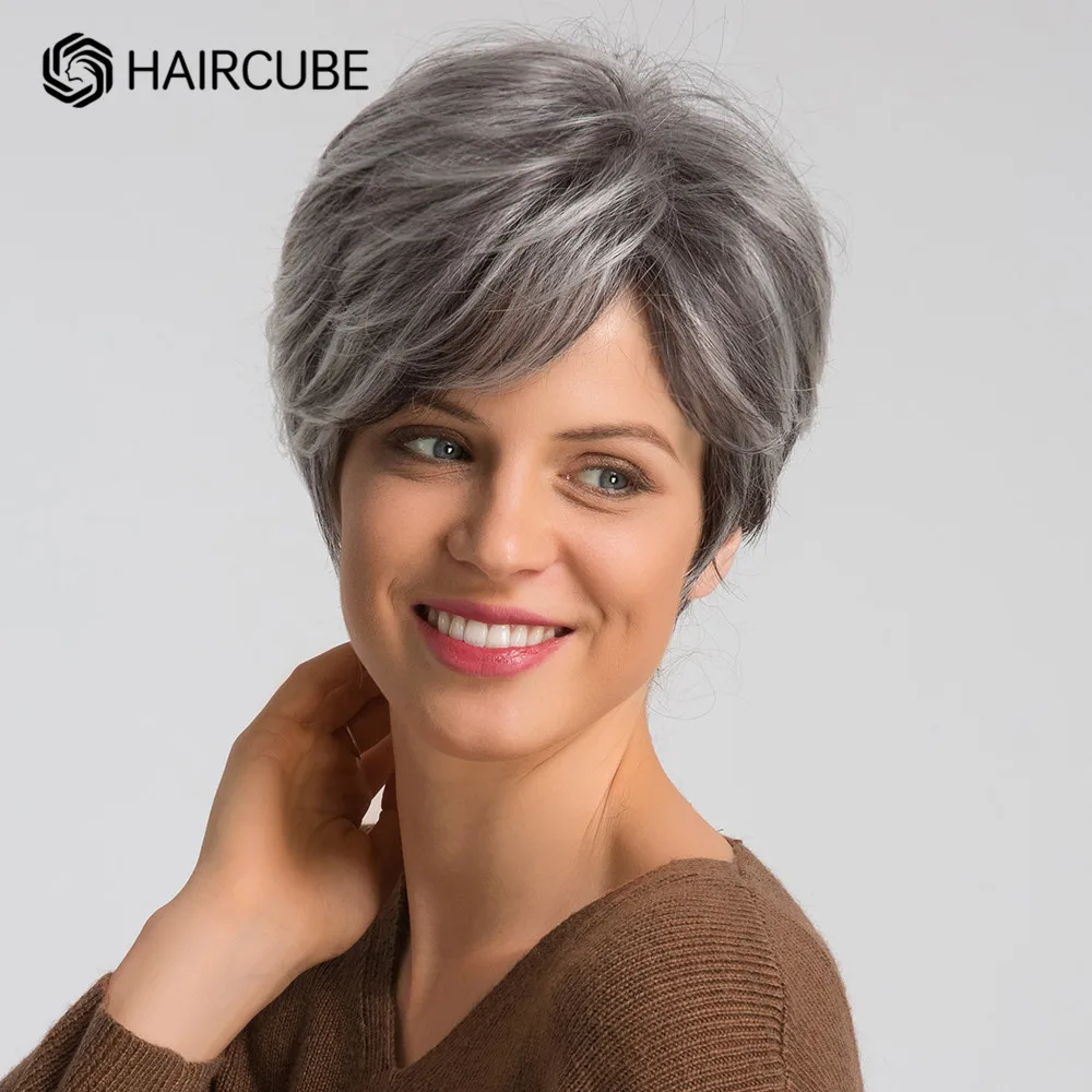 HAIRCUBE Short Gray Wigs with Bangs for Women Ombre Ash Black Daily/Cosplay Use Heat Resistant Synthetic Wig Blend Human Hair