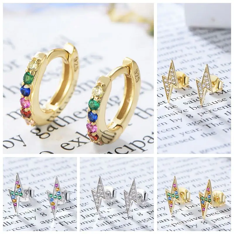 Серьги-гвоздики из стерлингового серебра 925 пробы, простая молния, z форма, Циркон с радужным блеском, кольцо для ушей, милые серьги, кость для ногтей, серьги для девушек, ювелирное изделие A30