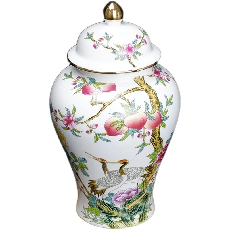 

Qing Dynasty Qianlong Famille Rose Longevity Peach Crane Pattern General Tank Antique Jar Home Furnishings Chinese Ornaments Col