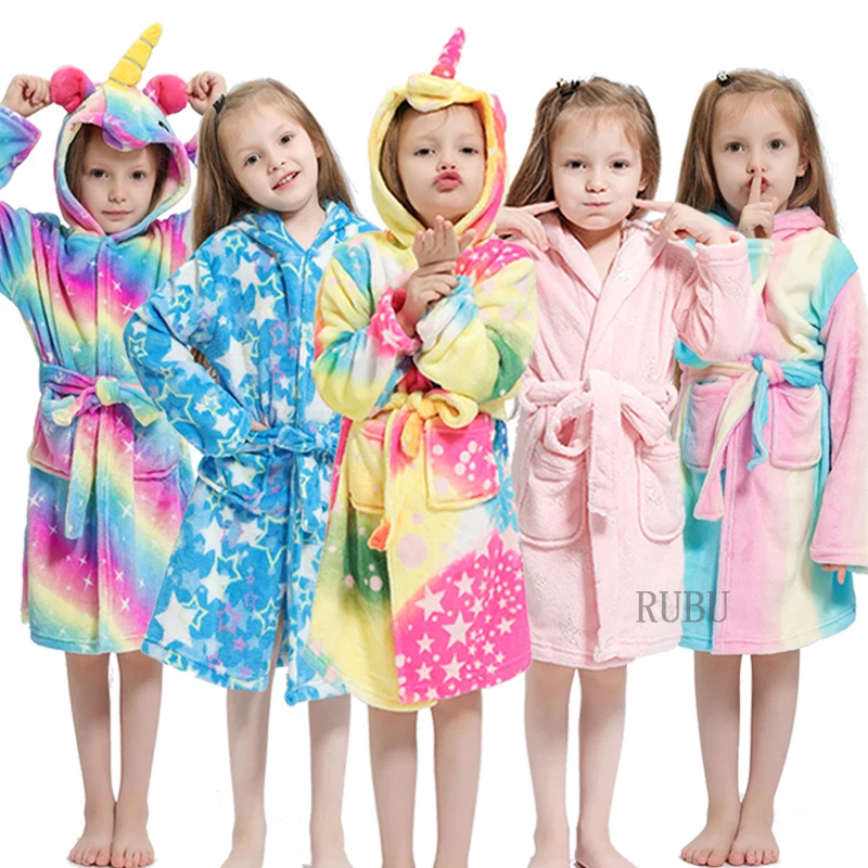 Kigurumi Unicorn Kids Bathrobe Flannel Child Boy Girl Bath Robe Sleepwear Winter Bathrobes Baby Animal Pajamas Children Clothing