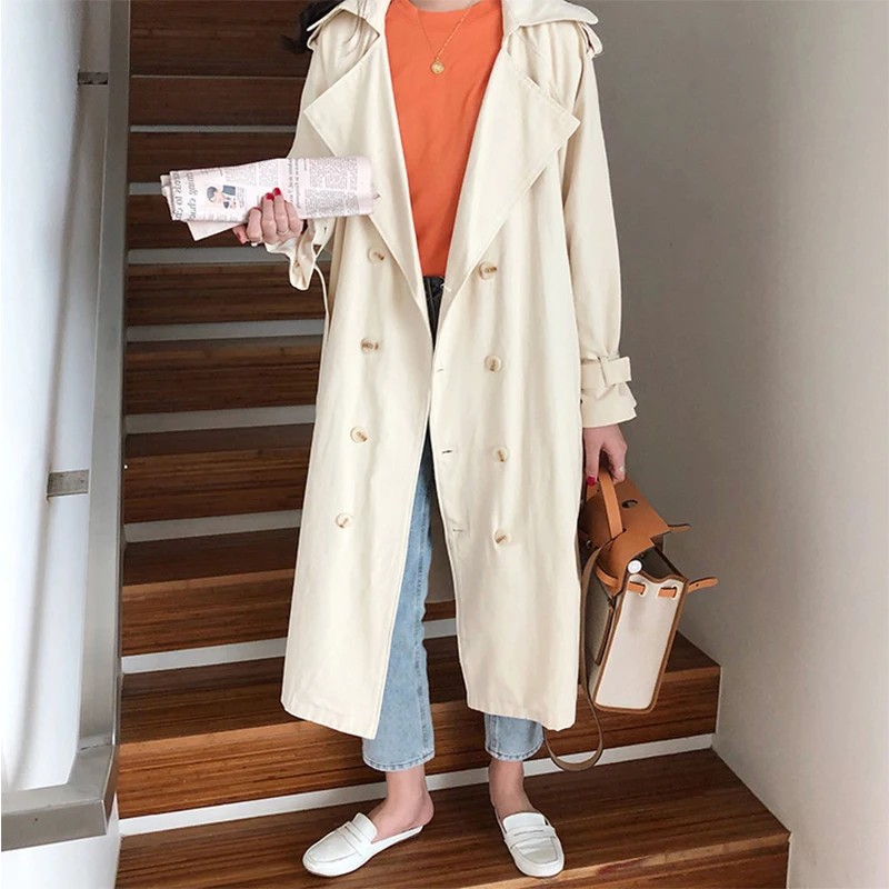 

Women's Trench Coat Autumn Adjustable Waist Casual Solid Color Windbreaker Long Sleeve Double Breasted Coat Female Outwear