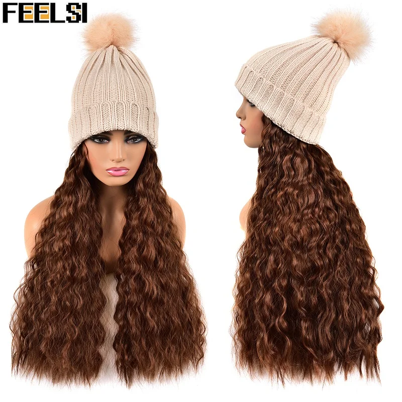 FEELSI, Рождественский парик, женский, длинный, волнистый, вязанный, плюшевый, HatWig One Peice, осенний и зимний модный синтетический парик, шапка, полный парик