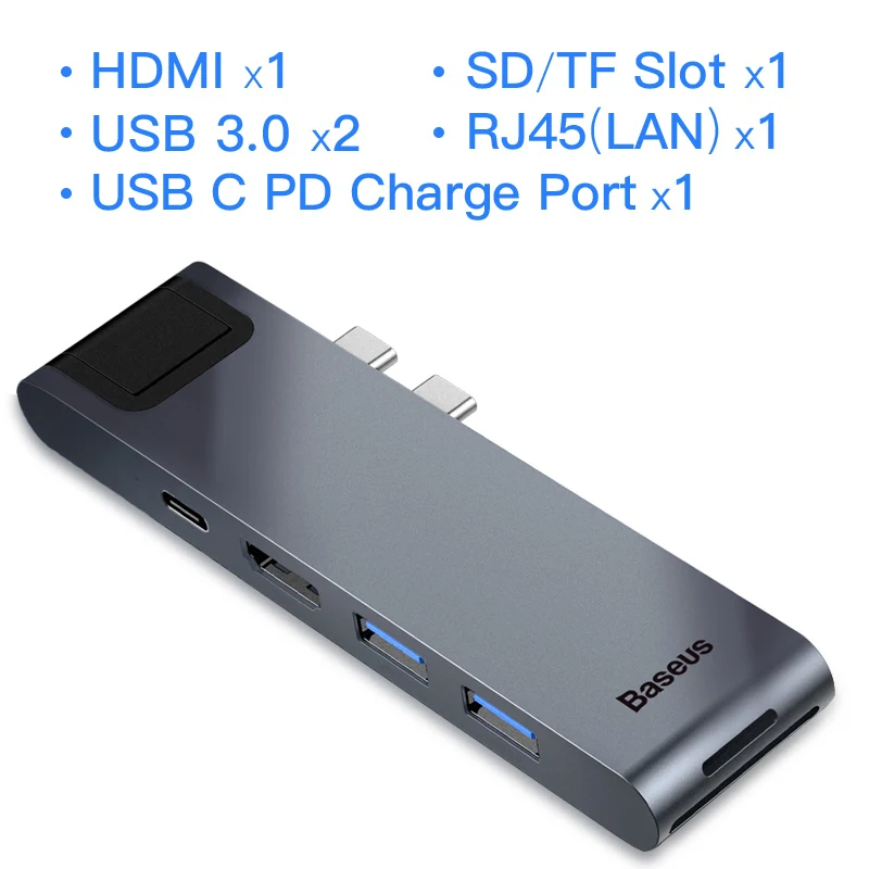 Baseus USB C концентратор к HDMI RJ45 USB 3,0 для MacBook Pro PC Аксессуары Тип C концентратор для huawei P20 mate 20 Pro samsung S8 S9 usb-концентратор компьютерные аксессуары переходник usb type c - Цвет: USB C HUB Deep Grey