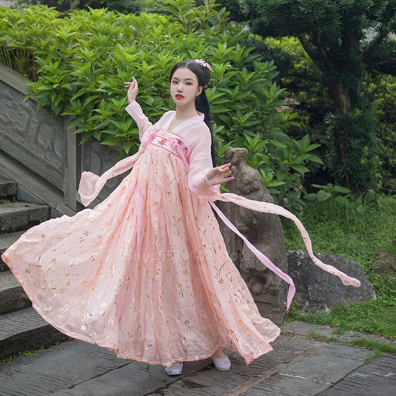Традиционный китайский народный танцевальный костюм, шикарное платье Hanfu для женщин, праздничный сказочный костюм для выступлений на сцене, комплект из топа и юбки