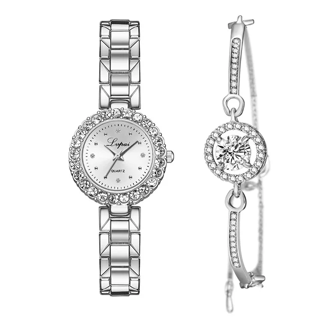 Романтические женские часы с бриллиантами, браслет, набор, Полный Кристалл, серебро, сталь, ремень, часы, женский подарок, браслет, роскошные бриллиантовые зеркальные часы - Цвет: silver bracelet