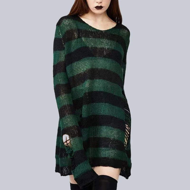 Большой размер, готический женский свитер, свободный, Befree, зимний, длинный пуловер, в полоску, с дырками, в стиле рок, хип-хоп, свитера, вязанные Джемперы, свитер Mujer