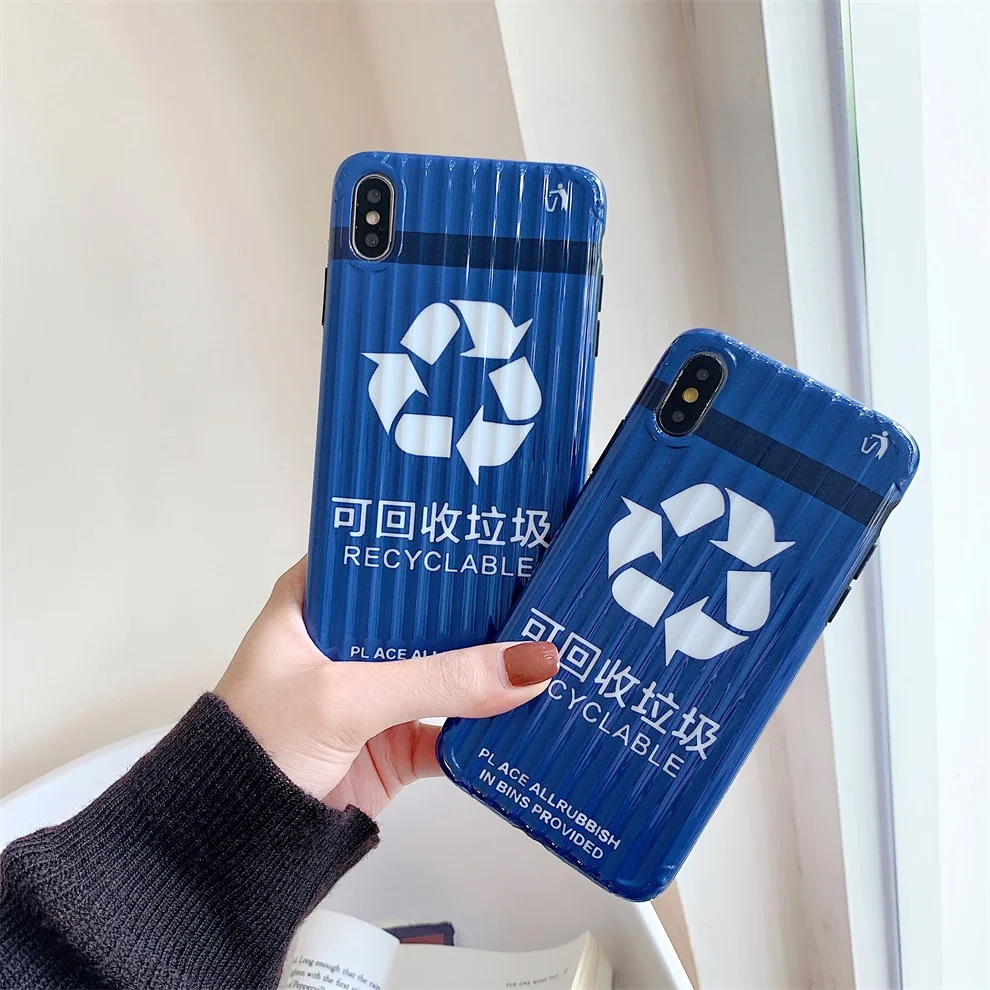 

DTFQ Blue Stylish Recyclable Icon Bin Soft Silicone Suitcase Pattern Cover TPU IMD Case for iPhone 7 6s 8 Plus XR Xs Max X
