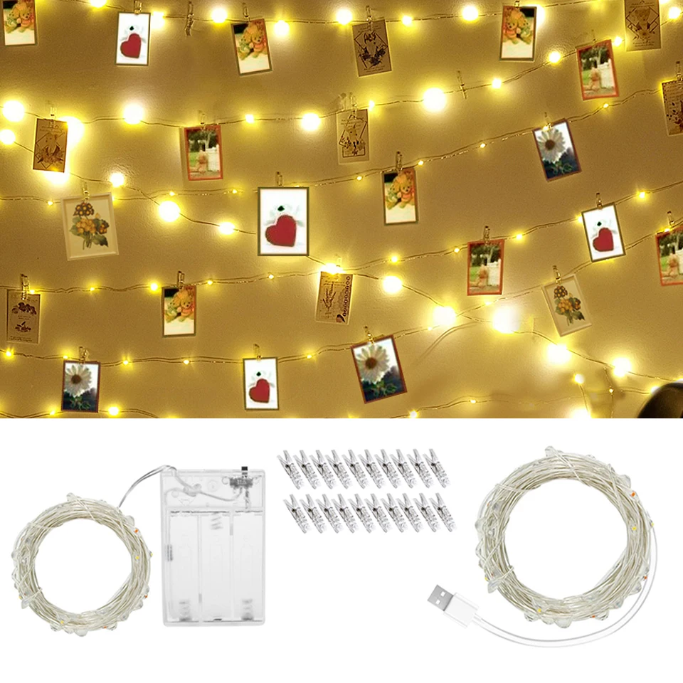 Card Photo Clip USB LED String Lights Fairy Garland 2M/5M/10M Battery Operated Christmas Decoration Party Wedding Holiday Lamp | Лампы и