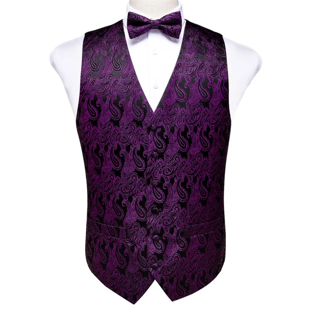 Men's Purple Black Paisley Silk Wedding Waistcoat Vest For Men Bowtie Hanky Cufflinks Cravat Set for Suit Tuxedo DiBanGu MJ-121