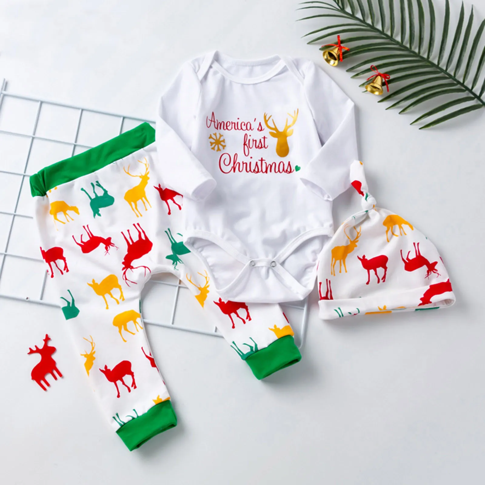 

0-24Months Newborn Infant Baby Christmas Deer Print Romper Jumpsuit+Cartoon Pants+Hat Sets ropa bebÃ© niÃ±a Fawn Romper fashion M5