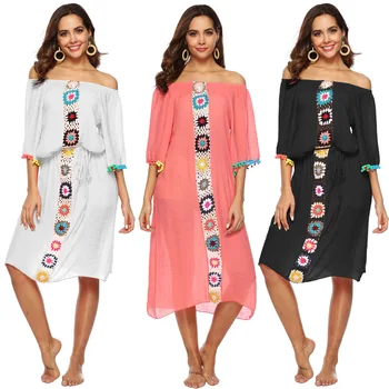 

Swim Cover Up For Women Dresses Summer 2018 Beach Dress 2019 Beaches Irregular Crochet One Word With Female Patchwork Acetate