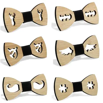 

Men Boys Hollow Bat Deer Wings Handmade Bamboo Wooden Bow Tie Faux Leather Knot Center Adjustable Business Wedding Party Necktie