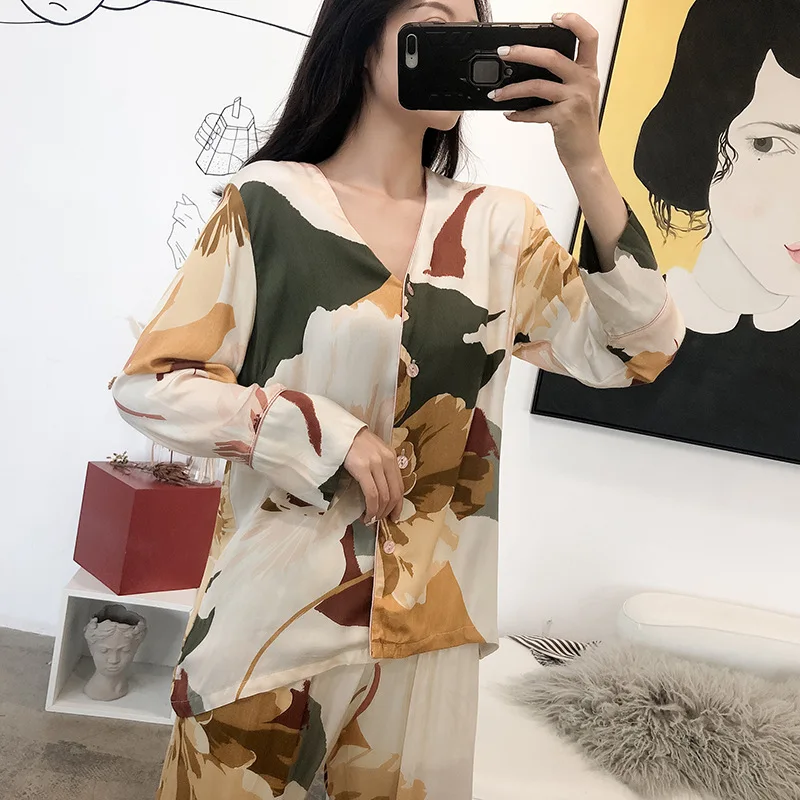 Autumn Ink Printing V-neck Long-sleeved and Long Trousers Suit Sleepwear for Ladies Large Size Cardigan Home Two-piece Clothes