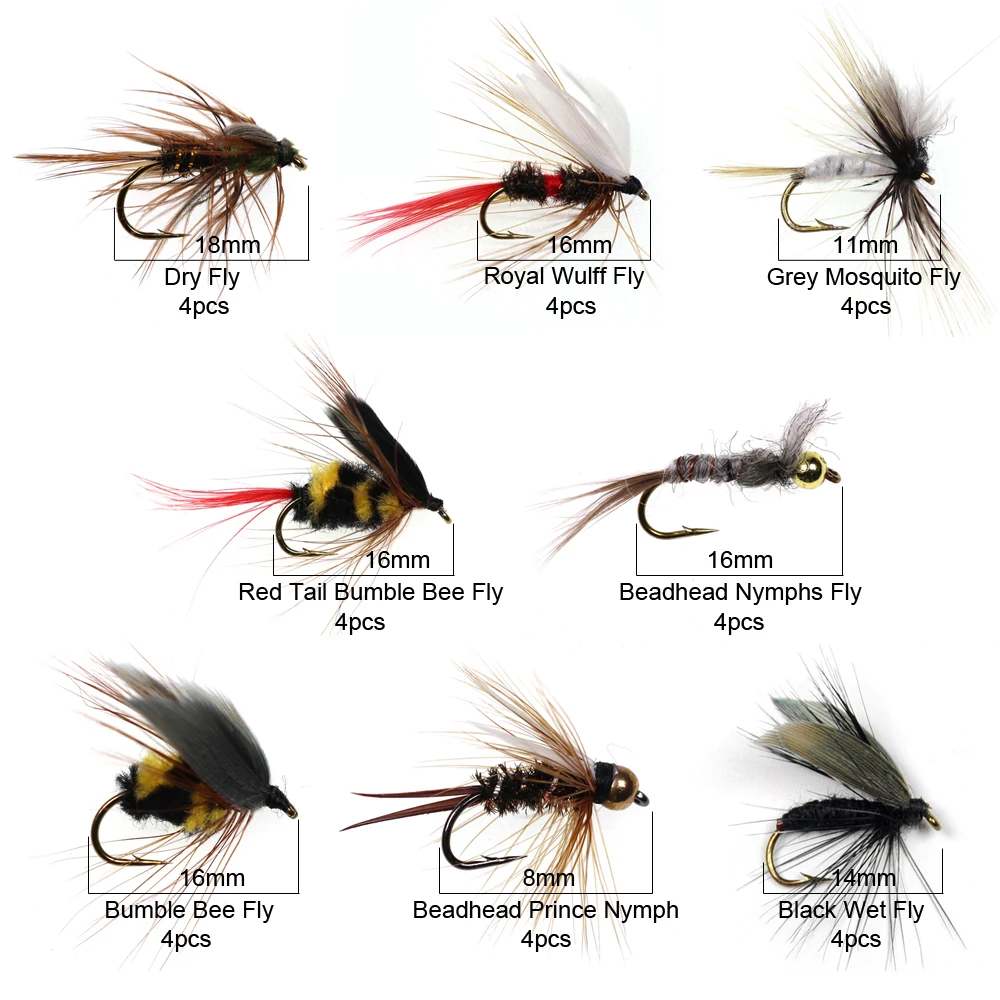 ICERIO 32pcs/Box Trout Nymph Fly Fishing Lure Assorted Flies Kit Nymphs  Dry/Wet Flies Fishing Fly Lure Bait With Boxed