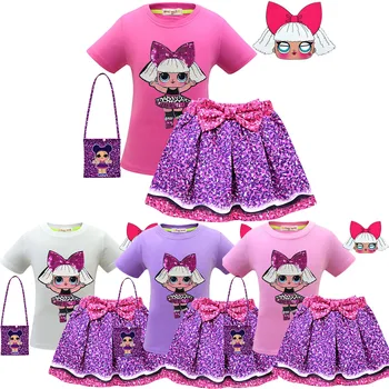 

Kids Children Lol Set Cartoon Performance Clothes Girls Short Sleeve Pleated Skirt Mask Bags 4 Piece Set