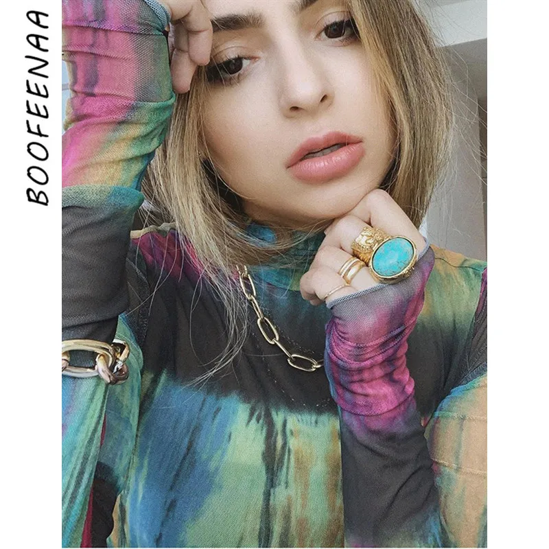 BOOFEENAA с принтом Tie Dye прозрачный сетчатый топ высокой горловиной и длинным рукавом