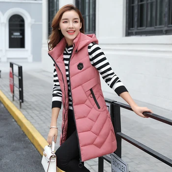 

Long type women down cotton vest hoodie female winter 2019 new slim detachable cap cotton female vest