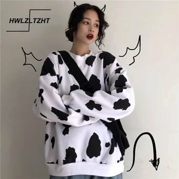 

HWLZLTZHT Winter Sweatshirts Women Warm Hoodies Cow Print Large Size Clothing Women Pollover Oversized Loose Sport Sweatshirt