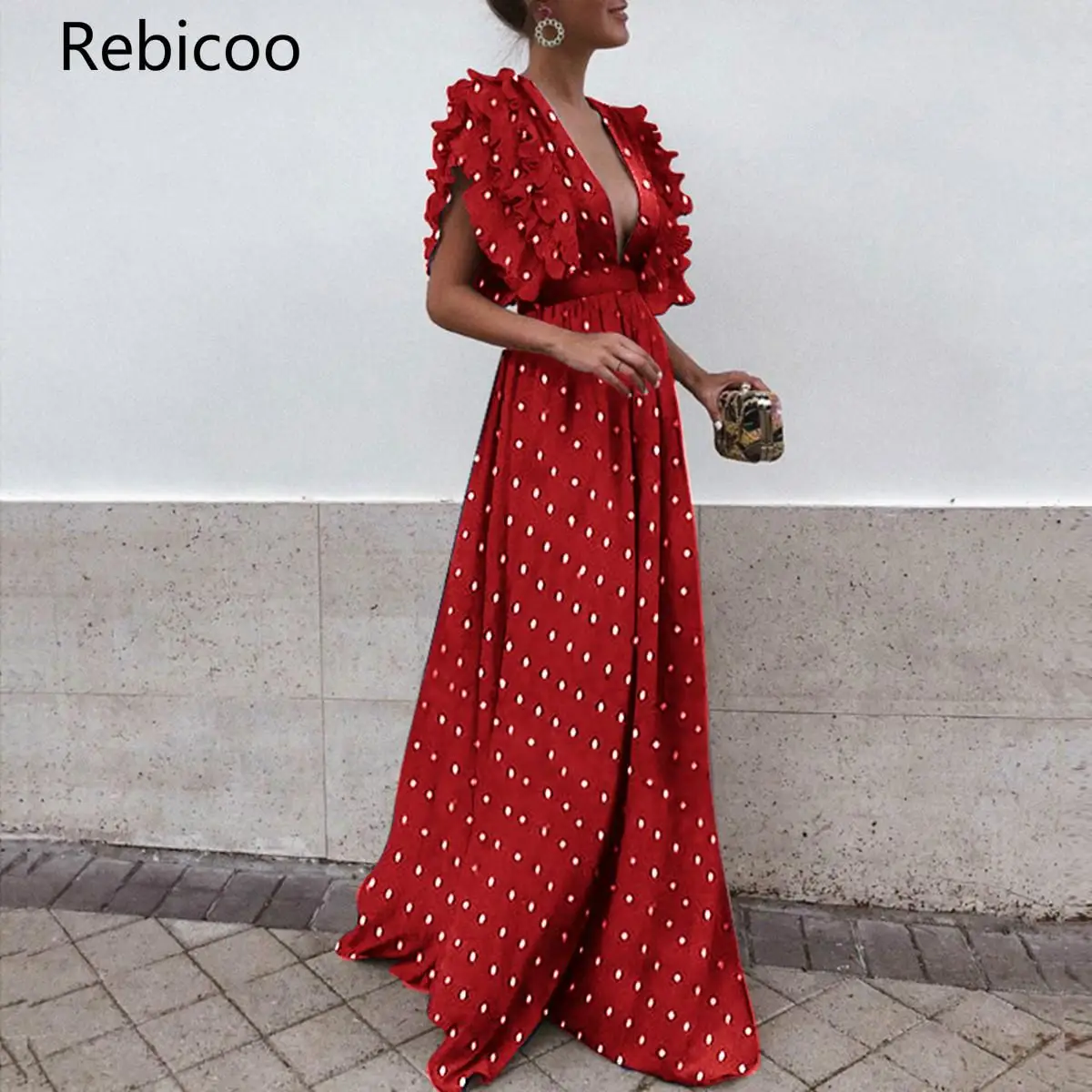 

Polka Dot Chiffon Summer Bohemian Beach Dress Hollow Out Fit and Flare Maxi Women Dresses V Neck Patchwork Vestidos Verano