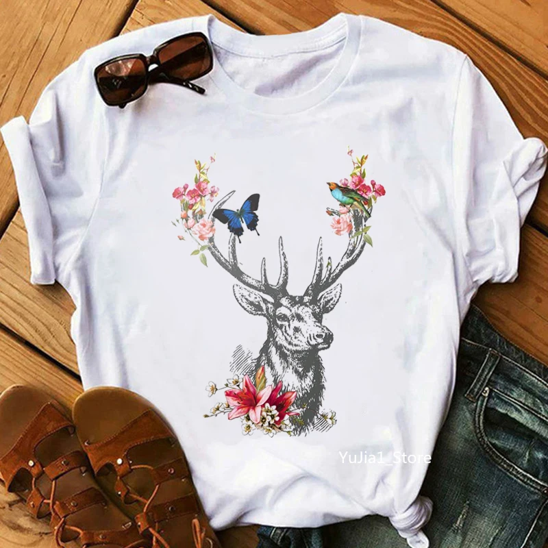 Watercolor Antlers Art Print Women'S T-Shirt Nature Woodland Forest Flowers Tshirt Femme Summer Fashion T Shirt Female