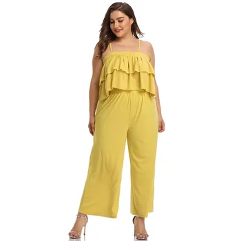 

NEW Summer Plus Size L-4XL Yellow 2 Pieces set Women Sexy Strapless Ruffles Crop Top And Wide Leg Pant Casual Holiday Suit